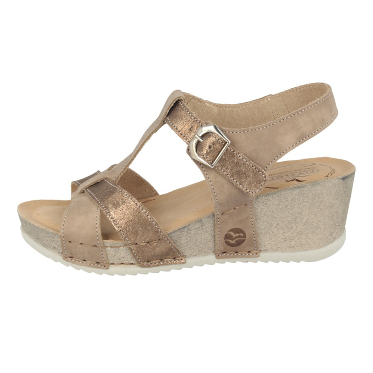 See the Leather Strappy Wedge Back Strap Women Sandals With Anti-Shock Cushioned Leather Insole in the colour TAUPE, available in various sizes
