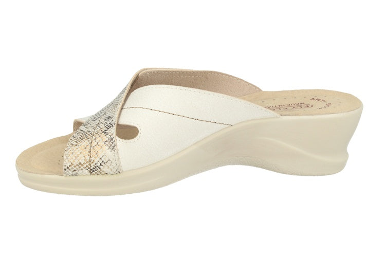 See the Shinny Snake Crossover Soft Microfiber  Slide Women Sandals With Faux Leather Insole in the colour BEIGE, available in various sizes