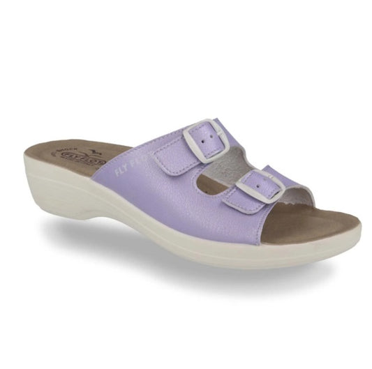 See the Slide Women Sandals  With Adjustable Double Buckle Strap And Faux Laether Insole in the colour LILAC, available in various sizes