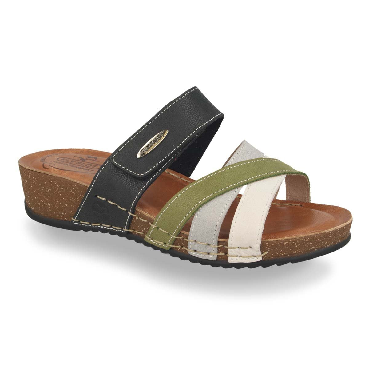 See the Velcro Multicolour Strappy Slide Women Sandals With Anti-Shock Cushioned Leather Insole in the colour BLACK, available in various sizes