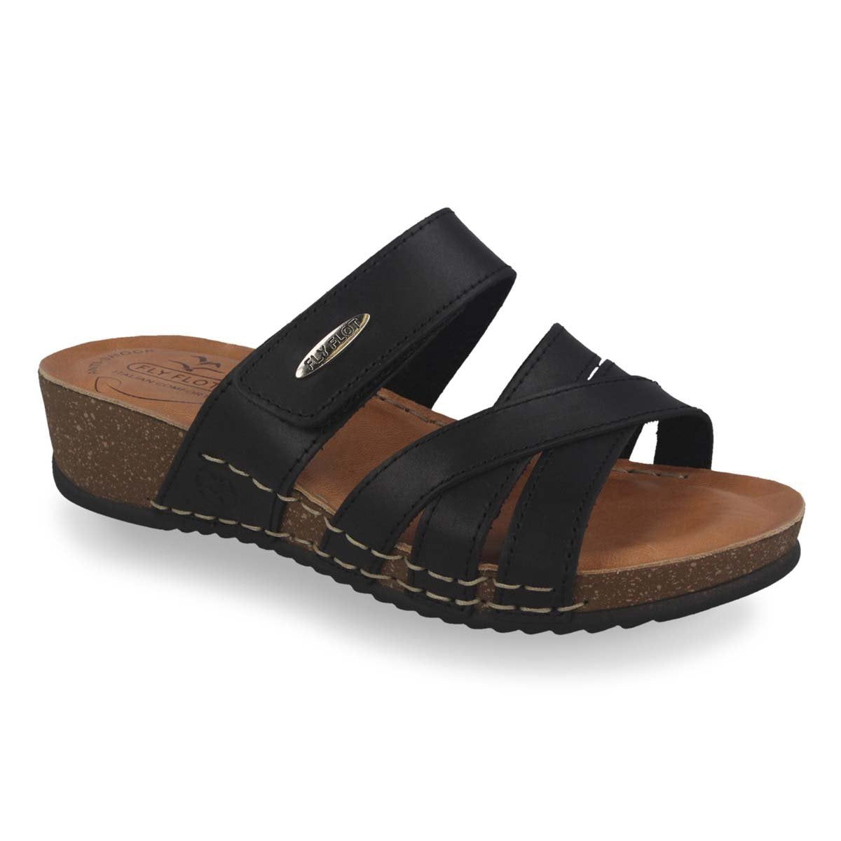See the Velcro Strappy Slide Women Sandals With  Anti-Shock Cushioned Leather Insole in the colour BLACK, available in various sizes