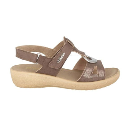 See the Taupe Velcro Back Strap Cloth Women Sandals With Anti-Shock Microfiber Insole in the colour TAUPE, available in various sizes