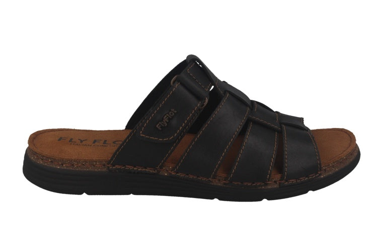 See the Four Leather Strap Velcro Slide Men Sandals in the colour BLACK, available in various sizes