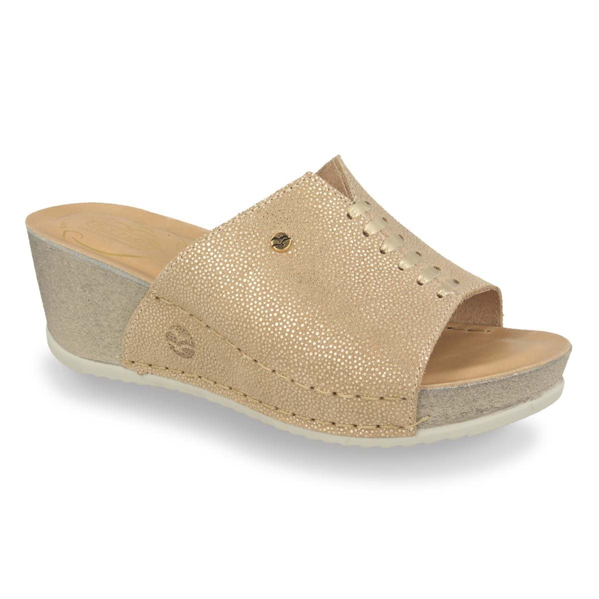 See the Leather Wedge With Anti-Shock Cushioned Leather Insole in the colour BEIGE, available in various sizes