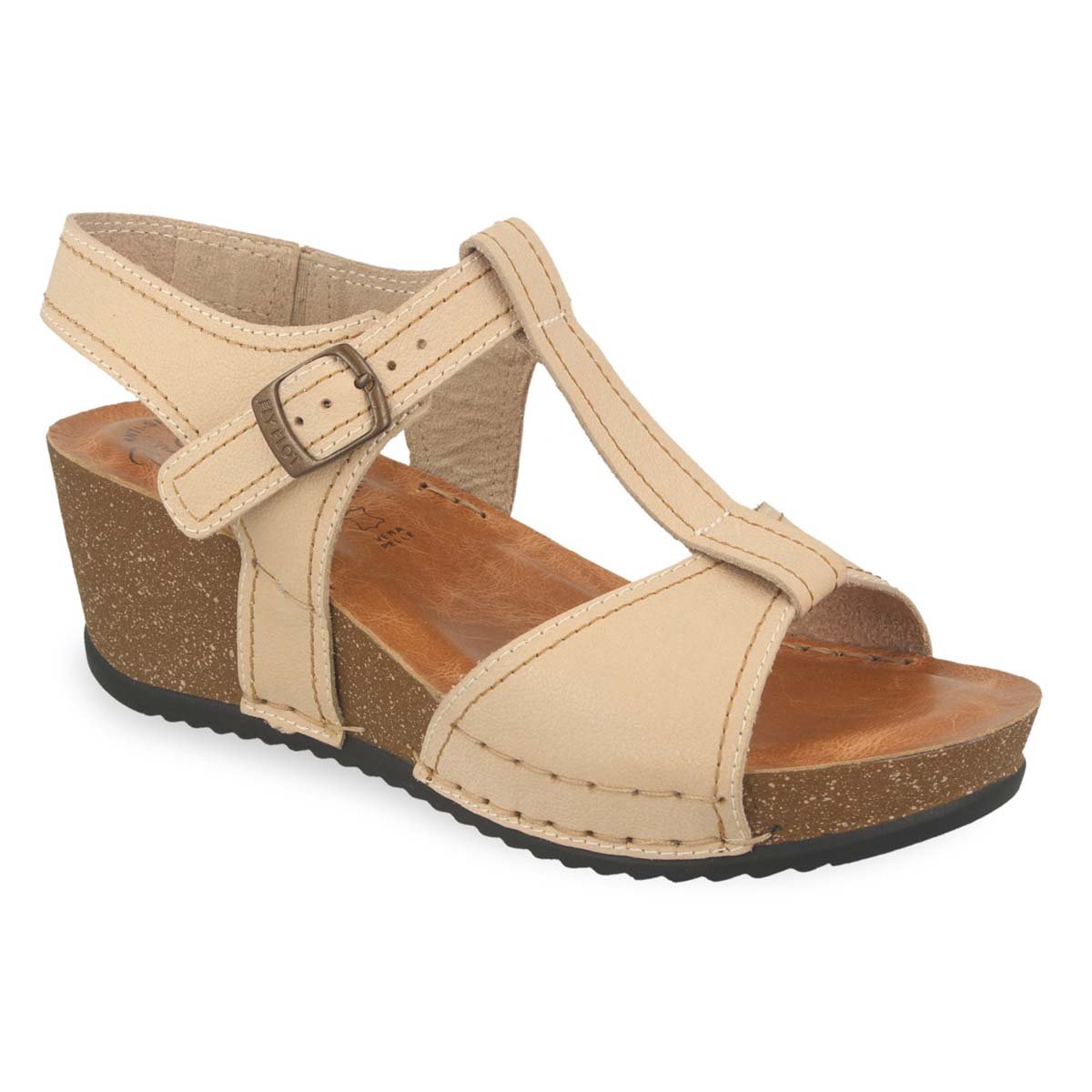 See the Leather Buckle  Wedge Back Strap With Anti-Shock Cushioned Leather Insole in the colour BEIGE, available in various sizes