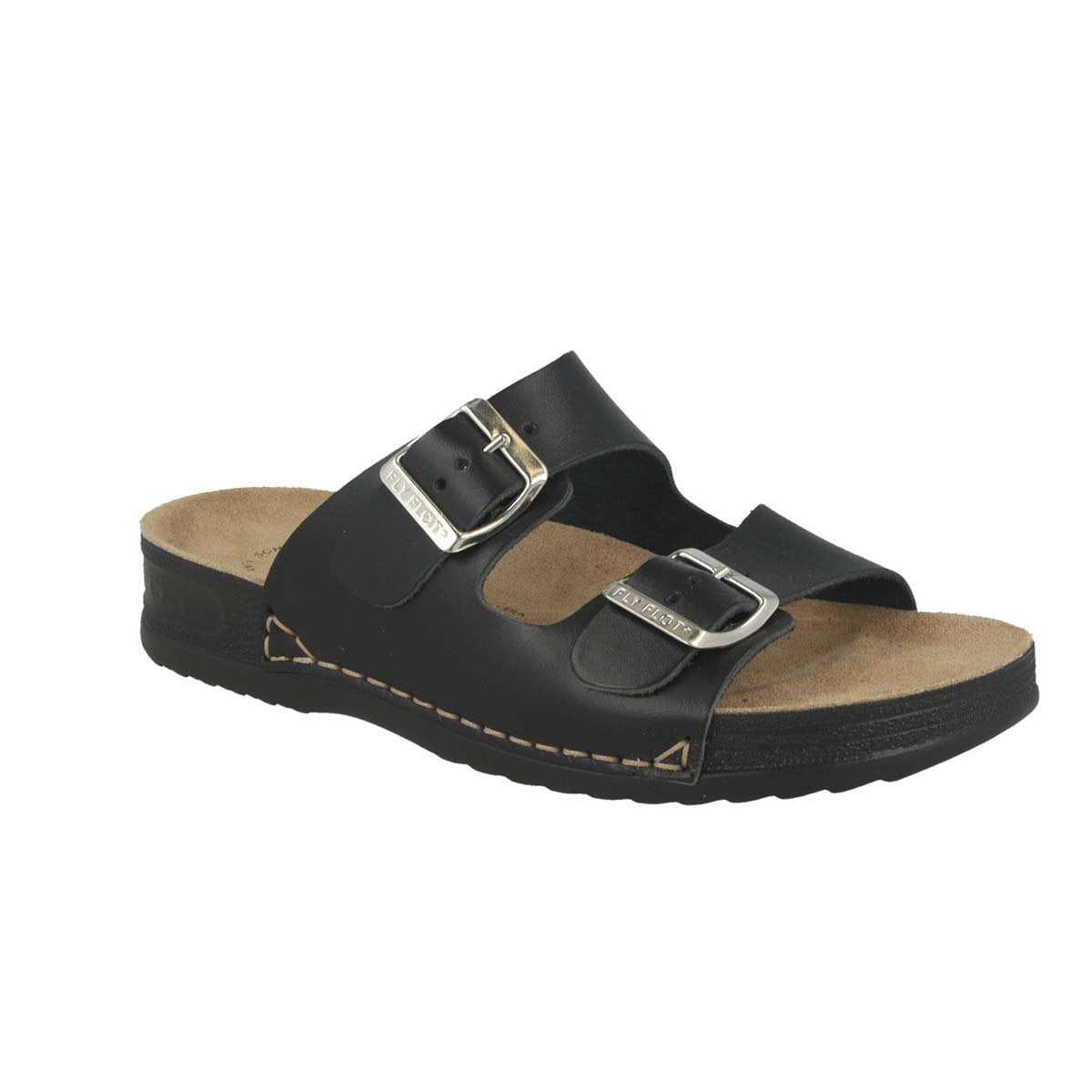See the Classic Double Buckle Strap Slide  Sandals With Anti-Shock Cushioned Leather Insole in the colour BLACK, available in various sizes