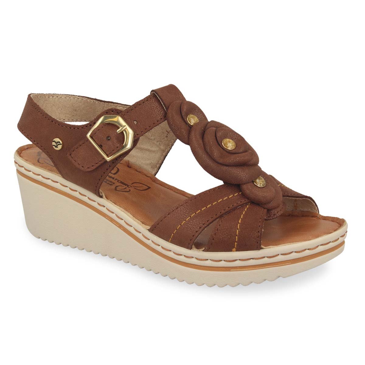 See the Flower Leather Wedge Back Strap Women Sandals With Anti-Shock Cushioned Leather Insole in the colour BROWN, available in various sizes