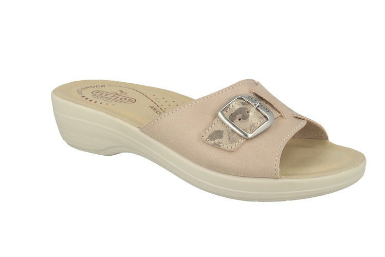 See the Soft Microfiber One Strap With Adjustable Buckle  Slide Women Sandals in the colour BEIGE, available in various sizes