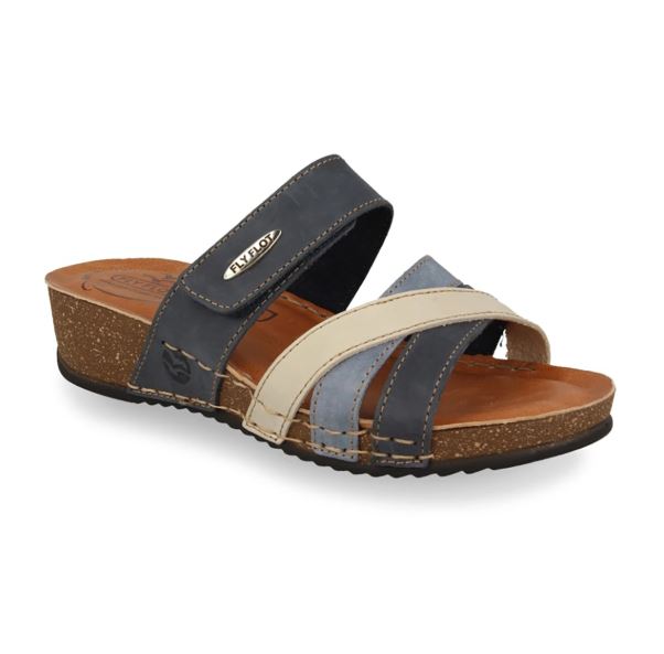 See the Velcro Leather Slide Women Sandals With Anti-Shock Cushioned Leather Insole in the colour BLUE, available in various sizes