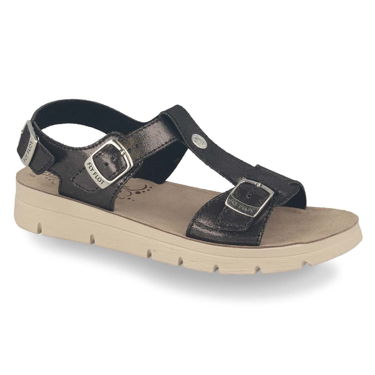 See the Soft Microfiber Back Strap Women Sandals With Anti-Shock Cushioned Leather Insole in the colour BLACK, available in various sizes