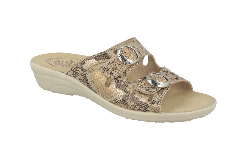 See the Shiny Snake Soft Microfiber Doubel Buckle Strap With Faux Leather Insole in the colour BEIGE, available in various sizes