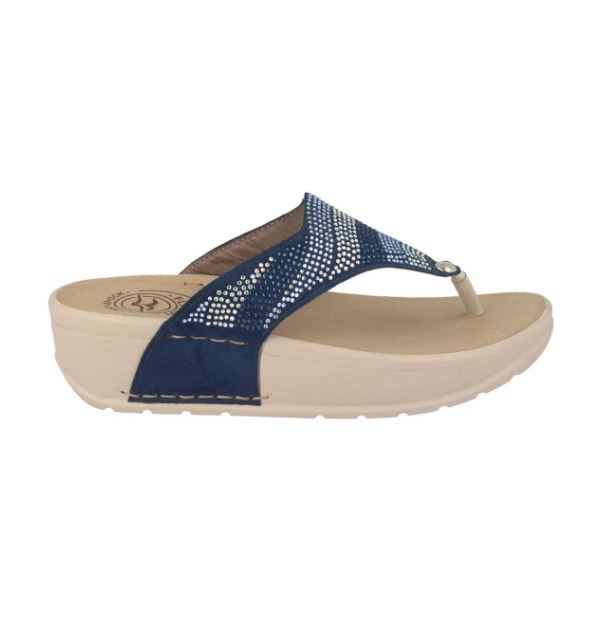 See the Blue Embellished Flip Flops With Faux Leather Insole in the colour BLUE, available in various sizes