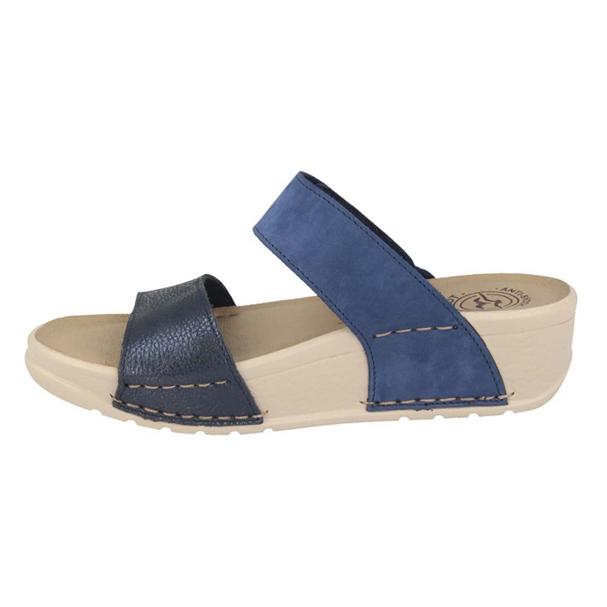 See the Velcro Leather Two Strap Slide Women Sandals With Faux Leather Insole in the colour BLUE, available in various sizes