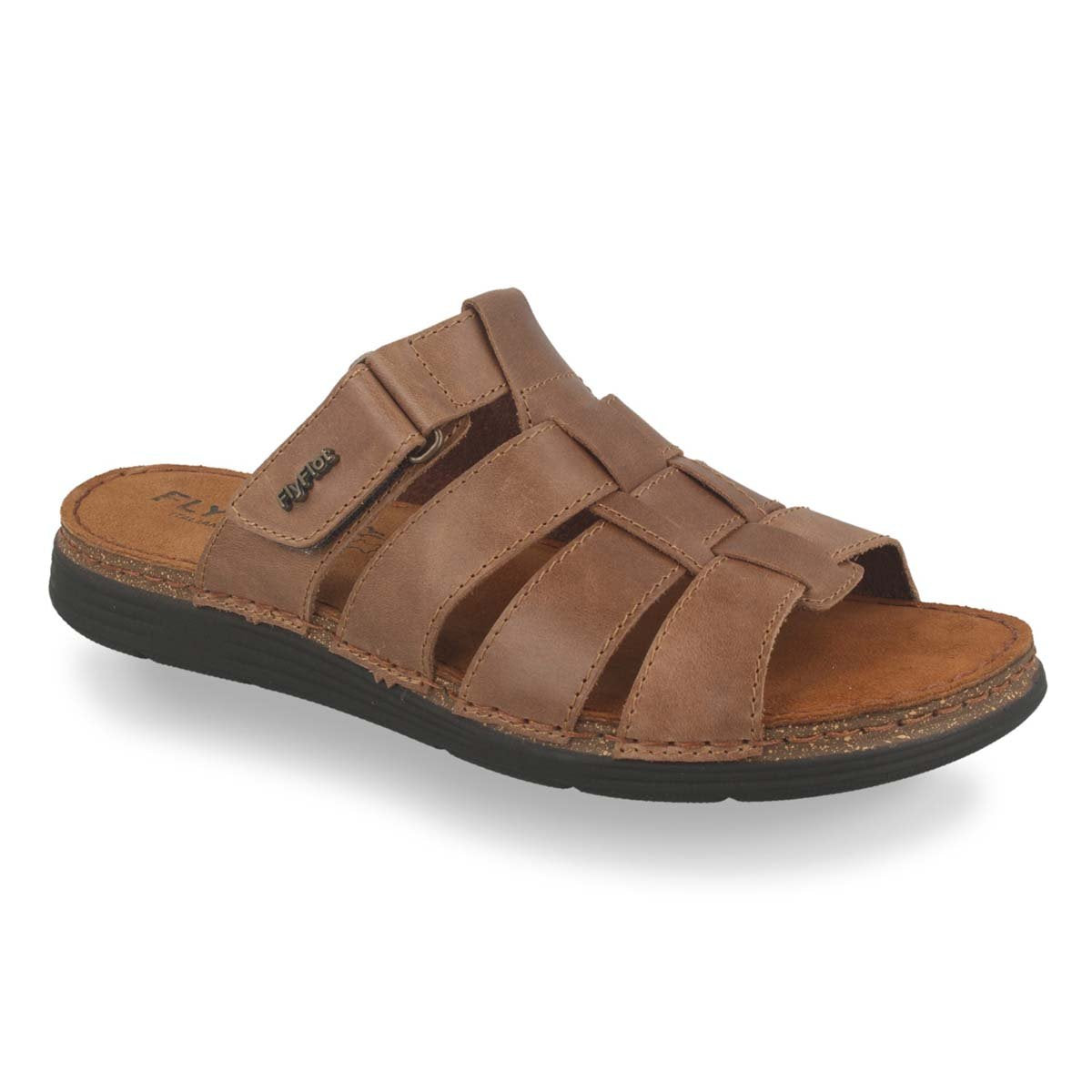 See the Four Leather Strap Velcro Slide Men Sandals in the colour BLACK, available in various sizes