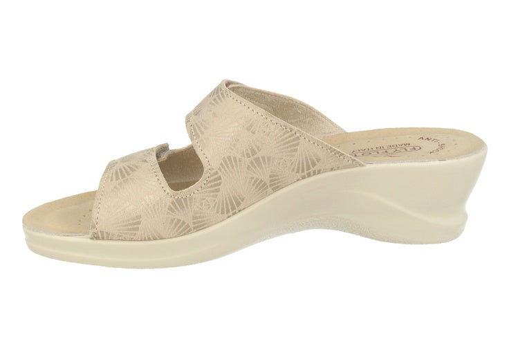 See the Soft Microfiber Double Strap Slide Women Sandals With Faux Leather Insole in the colour BEIGE, available in various sizes