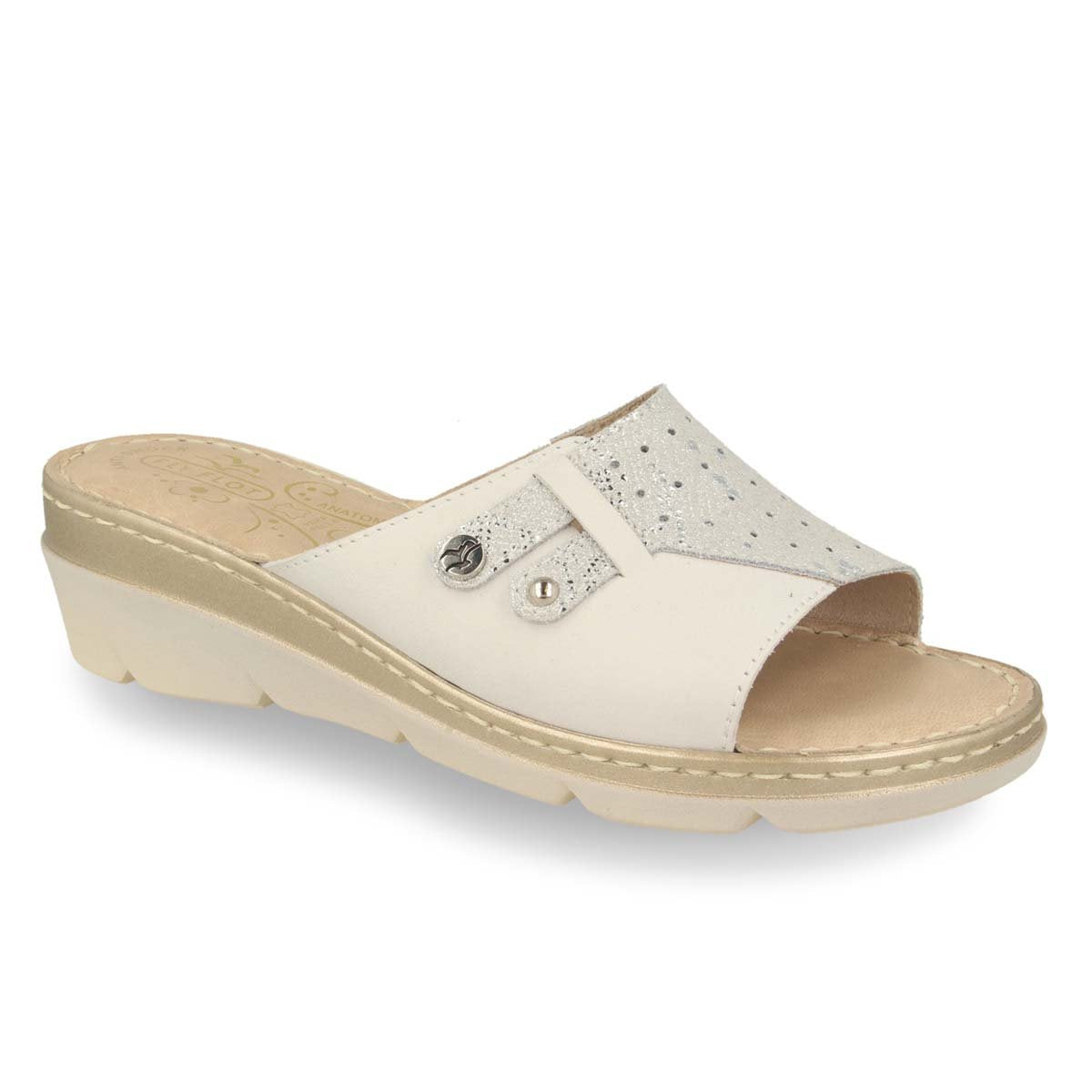 See the Leather One Strap Slide Women Sandals With Anti-Shock Cushioned Leather Insole in the colour BEIGE, available in various sizes