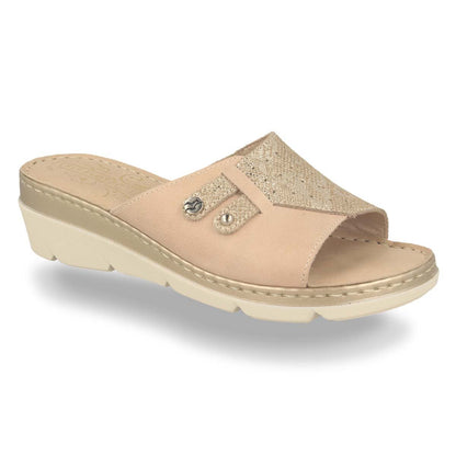 See the Leather One Strap Slide Women Sandals With Anti-Shock Cushioned Leather Insole in the colour BEIGE, available in various sizes