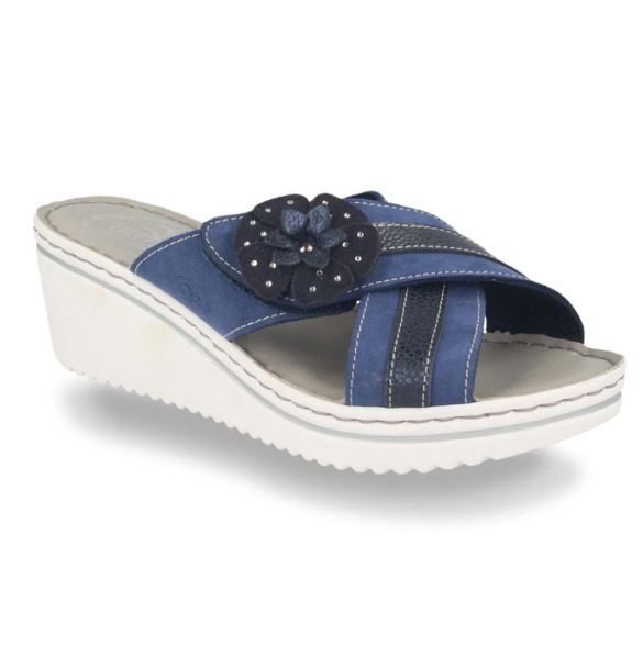 See the Flower Crossover Leather Adjustable Strap Wedge Sandals With Anti-Shock Cushioned Leather Insole in the colour BLUE, available in various sizes