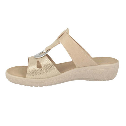 See the Velcro Strap Slide Women Sandals With Anti-Shock Cushioned Leather Insole in the colour BEIGE, available in various sizes