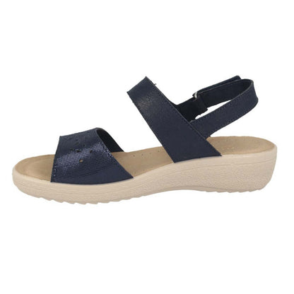 See the Blue Soft Microfiber Back Strap Women Sandals With Anti-Shock Cushioned Leather Insole in the colour BLUE, available in various sizes