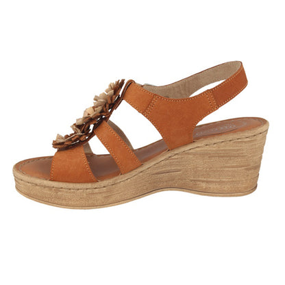 See the Tan Leather Flower Wedge Back Strap Women Sandals in the colour TAN, available in various sizes