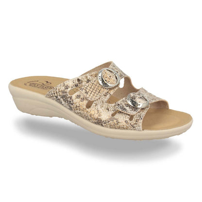 See the Shiny Snake Soft Microfiber Doubel Buckle Strap With Faux Leather Insole in the colour BEIGE, available in various sizes