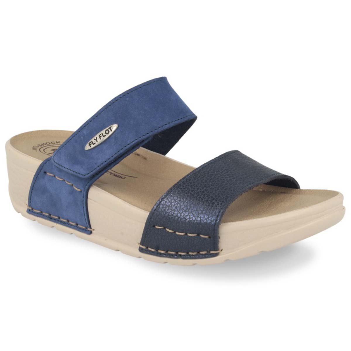See the Velcro Leather Two Strap Slide Women Sandals With Faux Leather Insole in the colour BLUE, available in various sizes