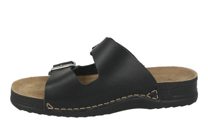 See the Classic Double Buckle Strap Slide  Sandals With Anti-Shock Cushioned Leather Insole in the colour BLACK, available in various sizes