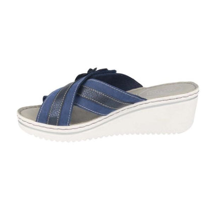 See the Flower Crossover Leather Adjustable Strap Wedge Sandals With Anti-Shock Cushioned Leather Insole in the colour BLUE, available in various sizes