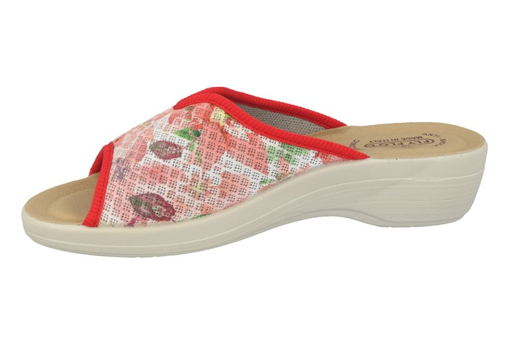 See the Floral Cloth Slide Women Sandals With Faux Leather Insole in the colour BEIGE, available in various sizes