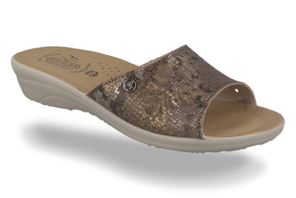 See the Shinny Snake Slide Women Sandals With Evopell Insole in the colour BLACK, available in various sizes