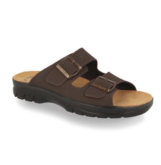 See the Dark Brown Leather Double Strap Slide Men Sandals in the colour DARK BROWN, available in various sizes